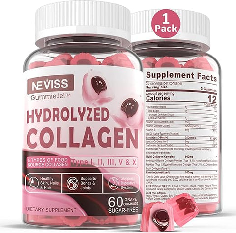 NEVISS - Gomas de Colágeno Hidrolisado 800mg, Sem Açúcar, Multi Peptídeos Tipo I II III V