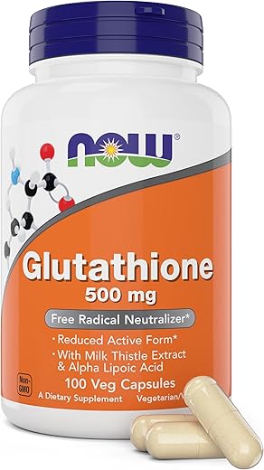 NOW Foods - Now Glutathione 500 mg – 100 Cápsulas Veganas – Forma Reduzida GSH – Enriquecido com Extrato de Cardo Mariano e Ácido Alfa Lipóico