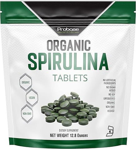 Probase Nutrition - Suplemento Orgânico de Spirulina, 3000MG Por Porção, Aprox. 720 Comprimidos (4 Meses de Fornecimento), Rico em Prebióticos