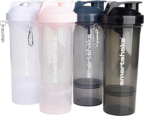 Slim 4-Pack Garrafa Shaker de Proteína 400 ml | 13.5 oz – Armazenamento Incluso – Tampa Rosqueável à Prova de Vazamentos – Livre de BPA – Unissex – Preto, Branco, Cinza Tempestade, Rosa Algodão - Smartshake