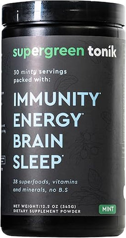 SUPERGREEN TONIK - Pó Superfood 100% Natural Greens – Suplemento Diário com 38 Superfoods, Vitaminas e Minerais – Energia, Estresse e Imunidade – 30 Dias de Fornecimento – 360g (1 Tubo)