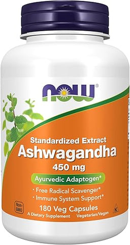 Suplementos, Ashwagandha (Withania somnifera) 450 mg (Extrato Padronizado), 180 Cápsulas Vegetais - NOW Foods