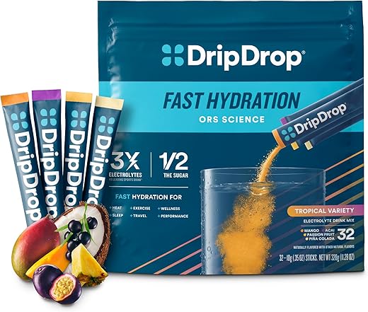 Hydration – Pack Tropical Variado – Pó Hidratante com Eletrólitos – Sachês Individuais – Sabores Manga, Açaí, Maracujá, Piña Colada | Não-OGM, Sem Glúten, Vegano - DripDrop