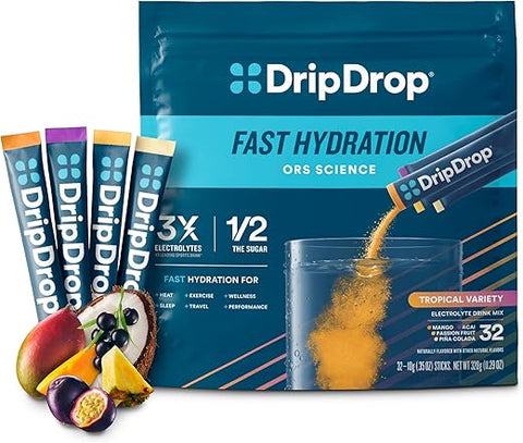 Hydration – Pack Tropical Variado – Pó Hidratante com Eletrólitos – Sachês Individuais – Sabores Manga, Açaí, Maracujá, Piña Colada | Não-OGM, Sem Glúten, Vegano - DripDrop
