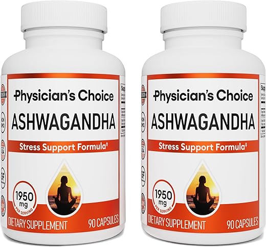 Physician's CHOICE - Ashwagandha Orgânica em Cápsulas – 1950mg de Raiz de Ashwagandha em Pó com Extrato de Pimenta Preta – Suporte ao Estresse e ao Humor – 90 Cápsulas Vegetais – 2 PCK