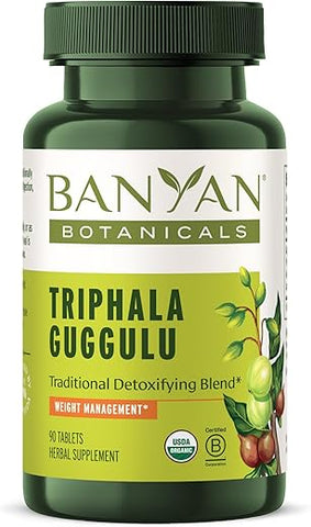 Triphala Guggulu – Suplemento Orgânico de Triphala com Resina de Guggulu – Detox Herbal para Apoiar a Digestão Saudável – 90 Comprimidos – Não-OGM - Banyan Botanicals