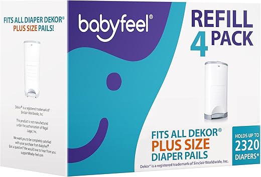 Babyfeel - Refis Compatíveis com DEKOR PLUS Lixeiras de Fraldas | 4 Pacotes | Espessura Extra Exclusiva 30%% | Refis para Lixeiras de Fraldas com Poderosa Eliminação de Odores | Fragrância de Pó Fresco | Capacidade de até