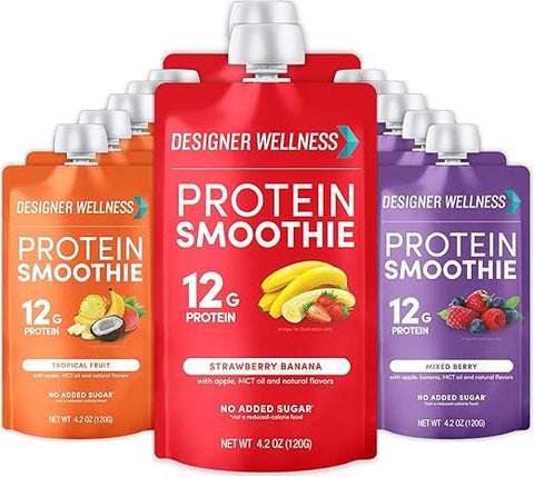Smoothie de Proteína Designer Wellness, Frutas Reais, 12g de Proteína, Baixo Carboidrato, Zero Açúcar Adicionado, Sem Glúten, Não-OGM, Sem Cores ou Sabores Artificiais, Pacote Variado, 12 Unidades