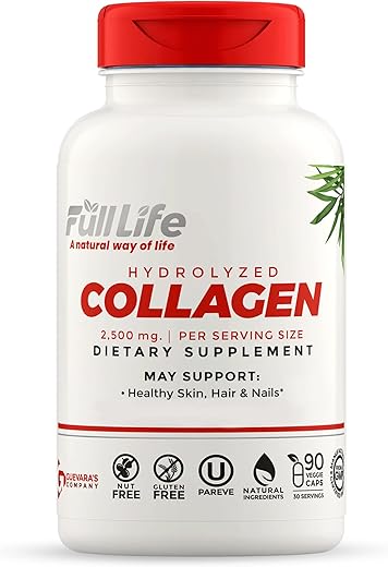 Suplemento de Colágeno Hidrolisado Full Life – Cápsulas de Colágeno Bovino para Mulheres e Homens – Cápsulas de Colágeno Kosher, Livres de Glúten – 90 Cápsulas Vegetais 2.500mg