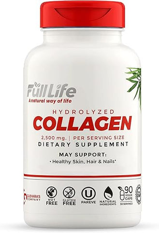 Suplemento de Colágeno Hidrolisado Full Life – Cápsulas de Colágeno Bovino para Mulheres e Homens – Cápsulas de Colágeno Kosher, Livres de Glúten – 90 Cápsulas Vegetais 2.500mg