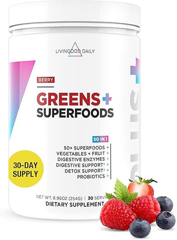 Greens Superfood Powder (Berry) – Pó de Super Alimentos para Saúde Intestinal – Suplemento em Pó de Suco Verde com Spirulina, Chlorella, Enzimas – 100g - Livingood Daily