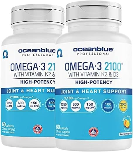 Professional Omega-3 2100 com Vitamina K2 e Vitamina D3 – 120 Cápsulas 2 Pacotes – Óleo de Peixe sem Sabor de Alta Potência com EPA, DHA – 2100mg – Embalagem Dupla – Ômega 3 Triplo – Saúde Cardiovascular – Marca Oceanblue - Oceanblue