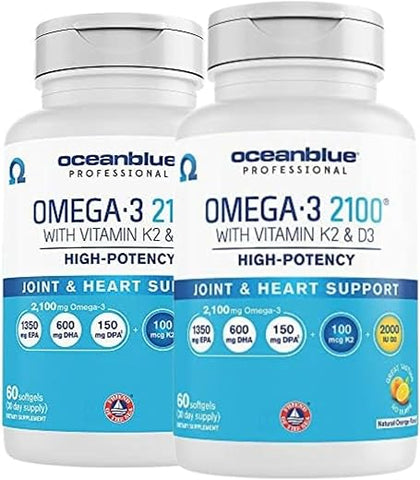 Professional Omega-3 2100 com Vitamina K2 e Vitamina D3 – 120 Cápsulas 2 Pacotes – Óleo de Peixe sem Sabor de Alta Potência com EPA, DHA – 2100mg – Embalagem Dupla – Ômega 3 Triplo – Saúde Cardiovascular – Marca Oceanblue - Oceanblue