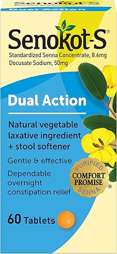S Dual Action 60 Comprimidos – Laxante Natural de Vegetais com Amaciante de Fezes, Alívio Suave e Confiável da Constipação Ocasional durante a Noite - Senokot