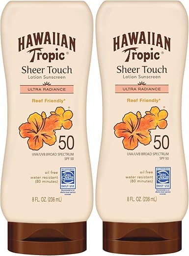 Protetor Solar Hawaiian Tropic Sheer Touch Ultra Radiance FPS 50, Embalagem Dupla 240ml | Protetor Solar FPS 50, Bloqueador Solar, Livre de Oxybenzone, Embalagem para o Corpo