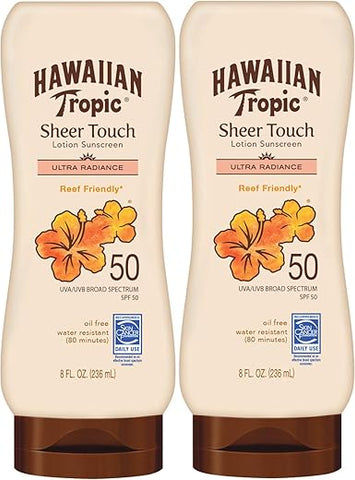 Protetor Solar Hawaiian Tropic Sheer Touch Ultra Radiance FPS 50, Embalagem Dupla 240ml | Protetor Solar FPS 50, Bloqueador Solar, Livre de Oxybenzone, Embalagem para o Corpo