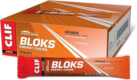 Energy Chews Laranja com 25mg de Cafeína – Sem GMO – Alimento à Base de Plantas – Energia Rápida para Ciclismo e Corrida – Lanche para Treino (2,1g, 18 Unidades) – Sortido - Clif Bloks