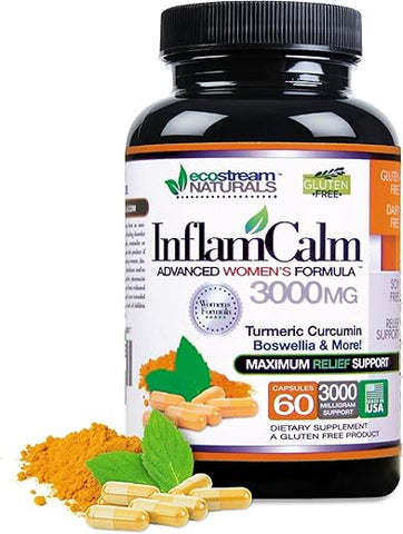 ecostream Naturals - Fórmula 3000 InflamCalm Avançada para Mulheres com Cúrcuma, Curcumina, Enzimas e Boswellia. Vegetariano, Sem Glúten – Embalagem Pode Variar