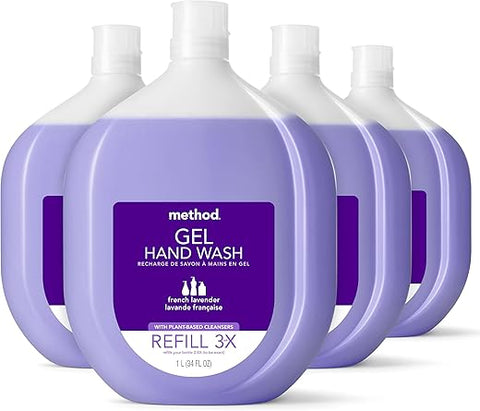 Recarga de Sabonete Líquido Method Gel, Lavanda Francesa, Frasco Reciclável, Fórmula Biodegradável, 1000 ml (Pacote com 4)