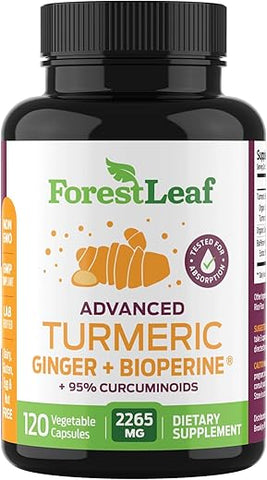 ForestLeaf - Suplemento Orgânico de Cúrcuma Extra Forte 2265mg – com BioPerine e Gengibre para Alta Absorção – Cúrcuma Curcumina com Extrato de Pimenta Preta, 95%% Curcuminoides, Herbal para Articulações