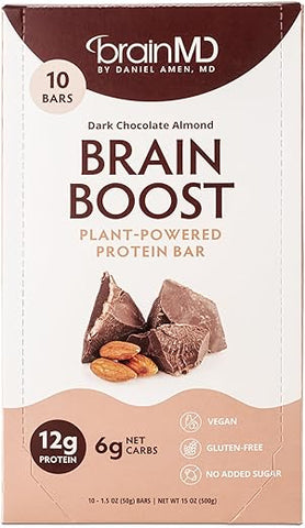 BRAINMD - BrainMD Brain Boost, Barra de Proteína Vegana de Chocolate Amargo e Amêndoas – 10 Barras de Proteína à Base de Plantas – Sem Glúten, Amigável ao Keto