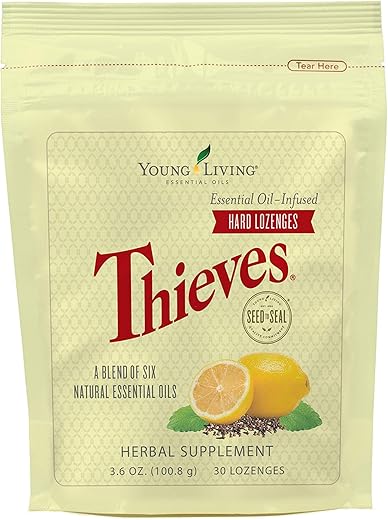Young Living - Pastilhas de Thieves Hard da Young Living – Infundidas com a Mistura de Óleo Essencial Thieves – Sem Açúcar – Marca