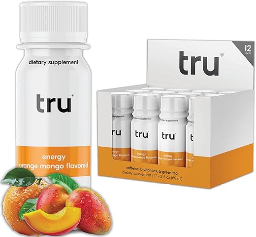 Energy Shot: Energético Extra Forte Sabor Laranja Manga – Bebida Energética Zero Açúcar com Vitamina B3, B6, B12 e Chá Verde – Cafeína Natural, GF, Keto, Vegano - Tru