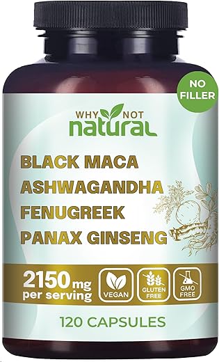 Cápsulas Orgânicas de Raiz de Maca Preta, Ashwagandha, Feno-grego e Ginseng Panax 4 em 1 para Homens e Mulheres (120 Unidades) - Why Not Natural