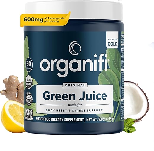 Green Juice – Pó com Spirulina Orgânica, Ashwagandha e Chlorella – Alcance seus Objetivos Fitness e Reduza os Níveis de Cortisol – Fornecimento de 30 Dias - Organifi