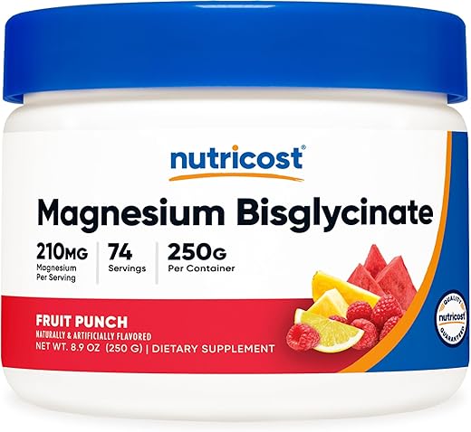 Magnesium Bisglycinate Powder (Fruit Punch, 250g) – Suplemento de Magnésio Quelato em Pó - Nutricost
