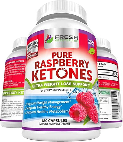 Cápsulas de Framboesa Cetona Pura 100%% – 1000mg por Porção – Suporte Avançado para Perda de Peso – 180 Cápsulas - FRESH HEALTHCARE