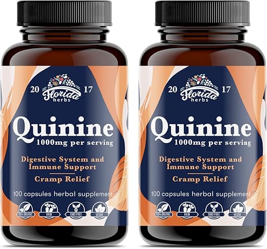 FLORIDA HERBS - Pílulas Orgânicas de Suporte para Cãibras nas Pernas – 1000 mg – Comprimidos de Quinina para Defesa contra Cãibras – Suplemento de Casca de Cinchona – Cápsulas de Quinina para Cãibras Musculares – Cápsulas Veganas – 1000 mg