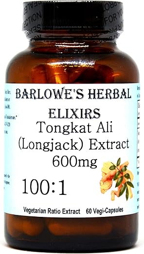 Barlowe's Herbal Elixirs - Tongkat Ali 100:1 Extrato em Pó 600mg – 60 Cápsulas Vegetais (Longjack) Alta Potência, Suporte à Saúde Geral