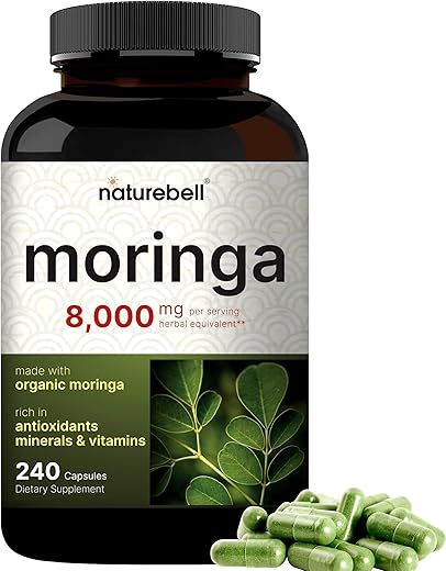 Cápsulas de Moringa 8000mg Por Porção, 240 Cápsulas | Suprimento de 4 Meses, Feito com Pó de Moringa Orgânica | Superfood Verde, Saúde da Pele - NatureBell