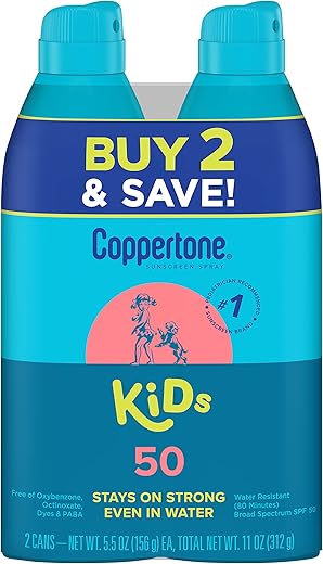 Protetor Solar Coppertone Spray FPS 50, Amplo Espectro, Resistente à Água para Crianças, Marca Recomendada #1 pelos Pediatras, 5,5 Ounce (Pack com 2)