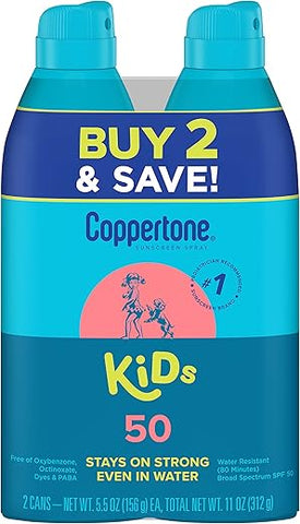 Protetor Solar Coppertone Spray FPS 50, Amplo Espectro, Resistente à Água para Crianças, Marca Recomendada #1 pelos Pediatras, 5,5 Ounce (Pack com 2)