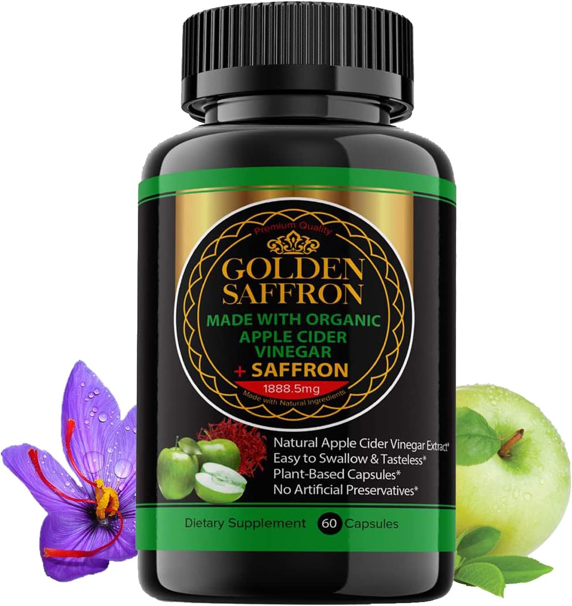 Cápsulas de Vinagre de Maçã GOLDEN SAFFRON – 60 Pílulas Orgânicas de Vegetais – 1800 mg ACV