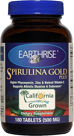 Spirulina Gold Plus 500mg Tablet 180 comprimidos – Spirulina Premium Natural da Califórnia, Vegana, Livre de Glúten, Amiga da Dieta Keto, Super Alimento Rico em Vitaminas – Marca Earthrise - Earthrise