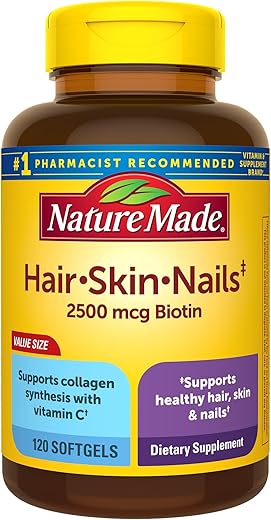Hair Skin and Nails com Biotina 2500 mcg, Suplemento para Cabelos, Pele e Unhas Saudáveis, 120 Softgels, Fornecimento de 120 Dias - Nature Made