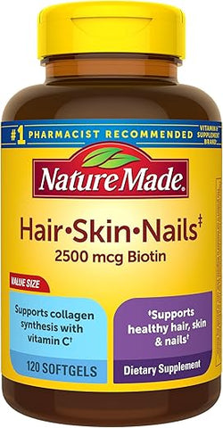 Hair Skin and Nails com Biotina 2500 mcg, Suplemento para Cabelos, Pele e Unhas Saudáveis, 120 Softgels, Fornecimento de 120 Dias - Nature Made