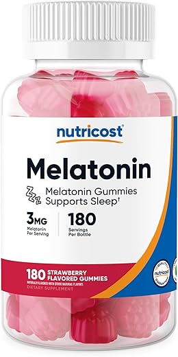 Melatonina 3mg, 180 Gomas, Sabor Morango – Sem Glúten, Não-OGM, Sem Xarope de Milho - Nutricost