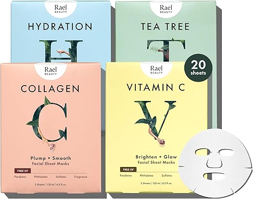 Máscara Facial Cuidados com a Pele, Conjunto de Folhas de Máscara Facial de Bambu – Pacote Variado, Cuidados com a Pele Coreanos, Todos os Tipos de Pele, Conjunto de Presente (5 Hidratação, 5 Vitamina C, 5 Colágeno, 5 Tea Tree, 20 Folhas) - Rael