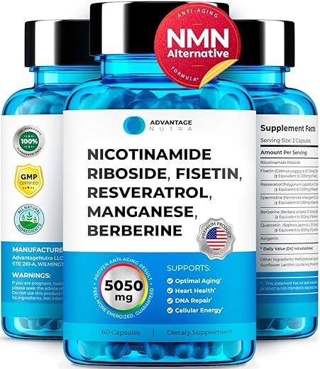 AdvantageNutra - NMN Liposomal – Ribosídeo de Nicotinamida, Fisetina, Resveratrol, Manganês, Berberina – Alta Pureza NAD para Anti Envelhecimento, Coração