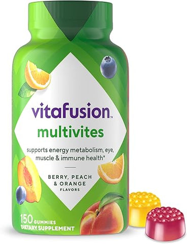MultiVites Gummy Multivitaminas para Adultos com 12 Vitaminas e Minerais, Sabor de Frutas Vermelhas, Pêssego e Laranja, Líder em Vitaminas Gummy nos EUA, Suprimento para 75 Dias, 150 g - Vitafusion