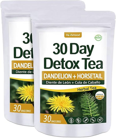 Te de Diente de Leon 30 Dias de Desintoxicação Chá de Dente de Leão, Chá de Ervas Naturais Herbmood para Perder Peso, 30 Unidades (Pacote com 2)