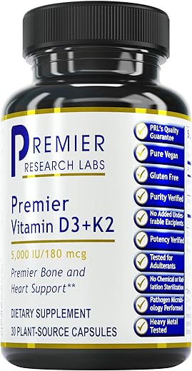 Suplemento de Vitamina D3 K2 | Suporte Ósseo e Saúde Cardíaca | Livre de Glúten – 5000 UI Suplementos Veganos – Qualidade Testada | 30 Fontes Vegetais - Premier Research Labs