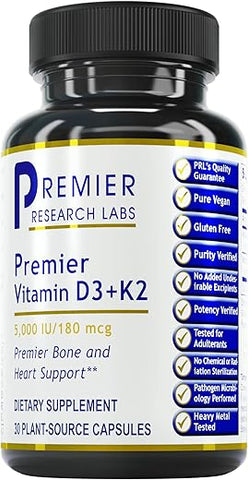 Suplemento de Vitamina D3 K2 | Suporte Ósseo e Saúde Cardíaca | Livre de Glúten – 5000 UI Suplementos Veganos – Qualidade Testada | 30 Fontes Vegetais - Premier Research Labs