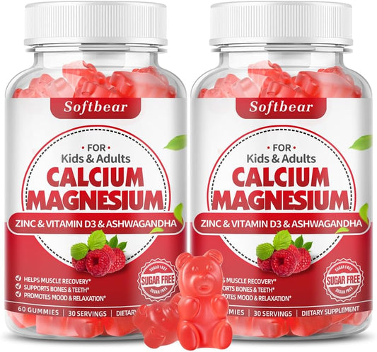 softbear - Softbear Gummies de Cálcio Magnésio Zinco para Mulheres, Suplemento de Cálcio Magnésio em Gomas de Alta Absorção com Vitamina D3 para Fortalecimento Ósseo, Sabor Framboesa Vegano – 120 Gomas