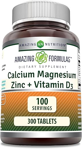 Amazing Nutrition - Amazing Formulas Cálcio Magnésio Zinco D3 – 300 Comprimidos por Frasco (Cálcio 1000mg – Magnésio 400mg – Zinco 25mg Mais Vitamina D3 600 UI – Por Porção de 3 Comprimidos)