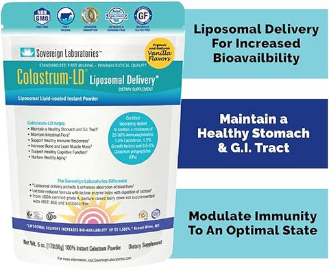 Liposomal Delivery – Pó de Colostro – Sem Glúten, Reduzido em Lactose – 34 Porções – Sovereign Laboratories – 170g Baunilha - Colostrum-LD